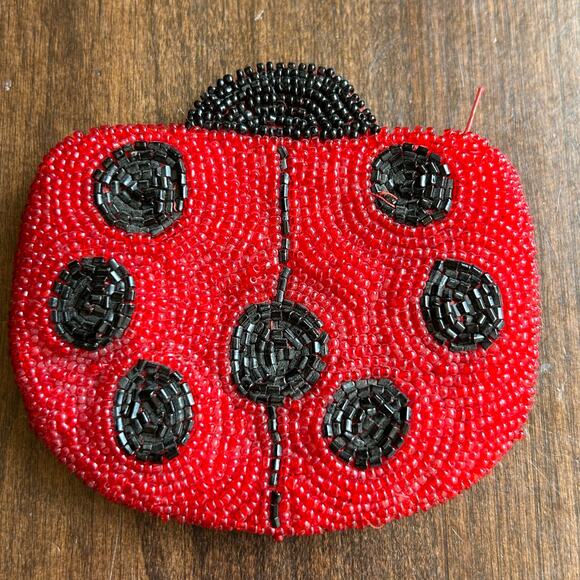 Lady Bug Vintage Glass Beaded Lined Zip Red Black Change Coin Purse - Picture 2 of 6